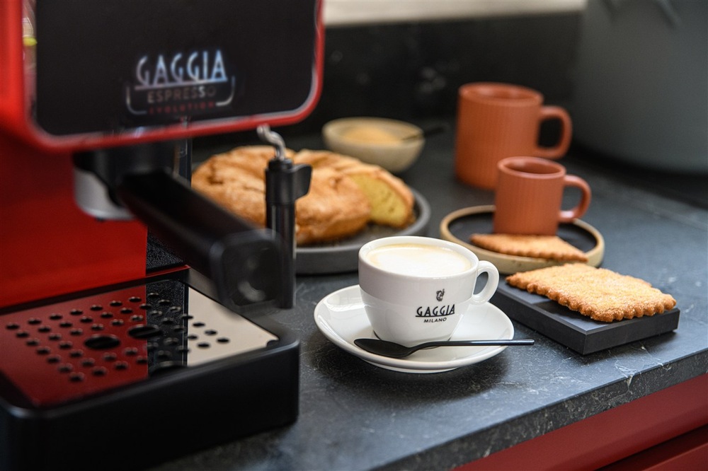 Pákový kávovar Gaggia Espresso Evolution červený Detail šálku cappuccina připraveného kávovarem Gaggia Espresso Evolution s napěňovačem mléka