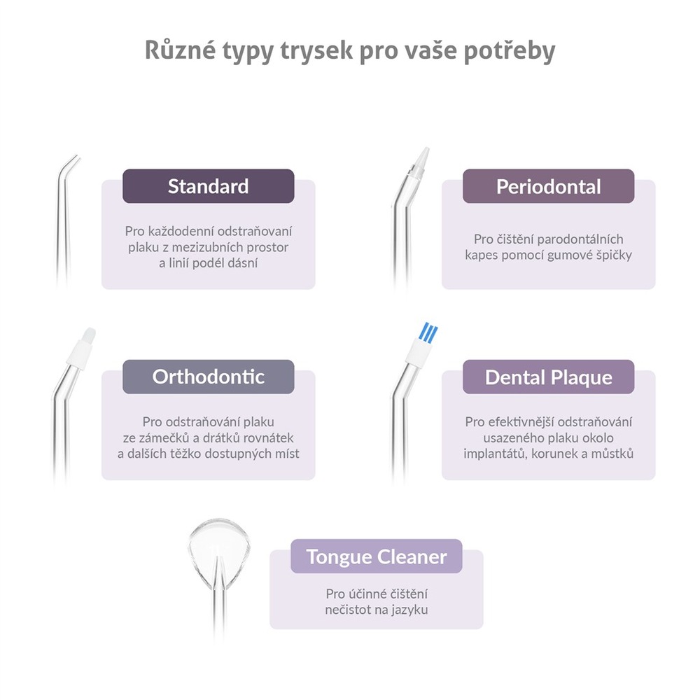 Ústní sprcha TrueLife AquaFloss Station S800 UV bílá Součástí ústní sprchy Truelife jsou různé druhy trysek