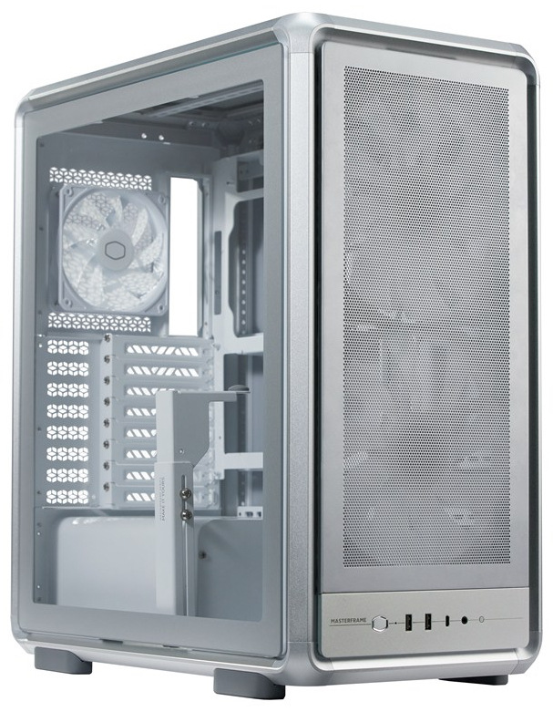 Pohled na počítačovou skříň midi-tower MasterFram 500 Mesh ve stříbrné barvě.