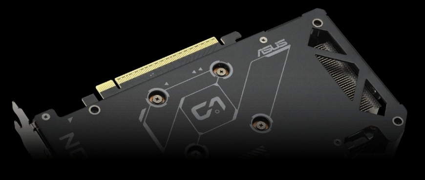 Grafická karta Asus Dual AMD Radeon RX 9060 XT 8GB černá Zadní kovový backplate Asus Dual RX 9060 XT s elegantním geometrickým vzorem