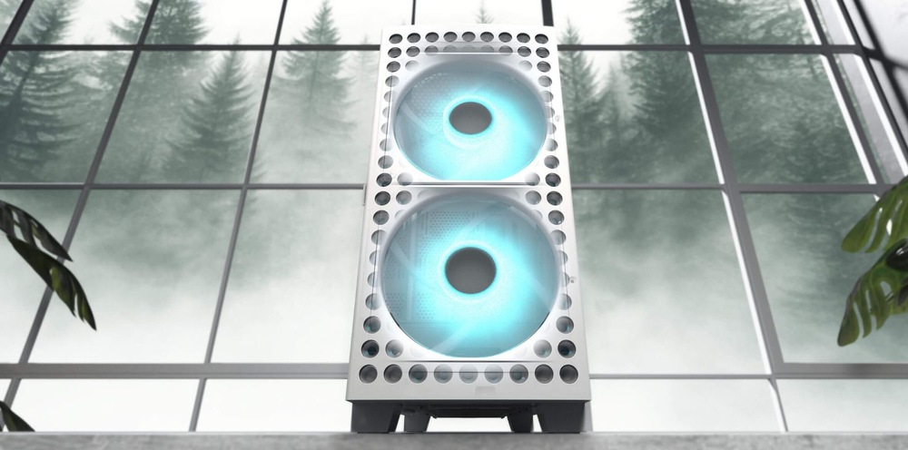 Case Cougar AIRFACE ECO RGB bílá Elegantní moderní počítačová skříň se dvěma modře zářícími ventilátory je zasazena do velkých oken s výhledem na mlhavý les a vytváří tak klidnou a futuristickou atmosféru.