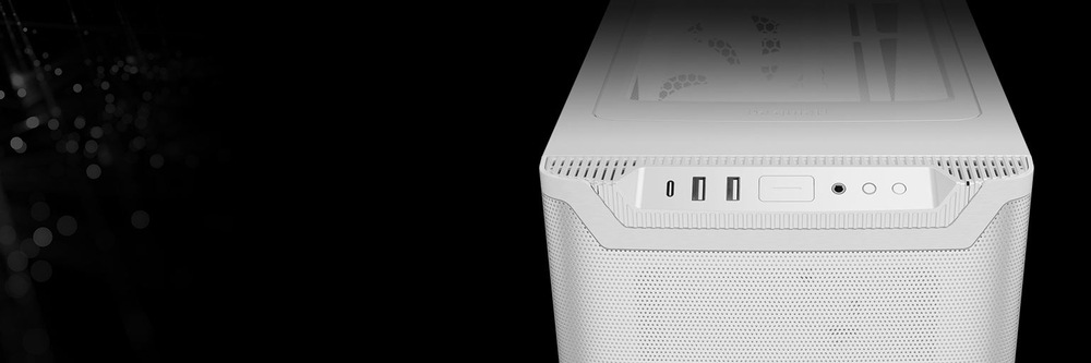 Case be quiet! PURE BASE 501LX bílá Na tmavém pozadí je zobrazena elegantní počítačová skříň. Na jejím předním panelu jsou USB porty a tlačítka, což naznačuje moderní hi-tech design.