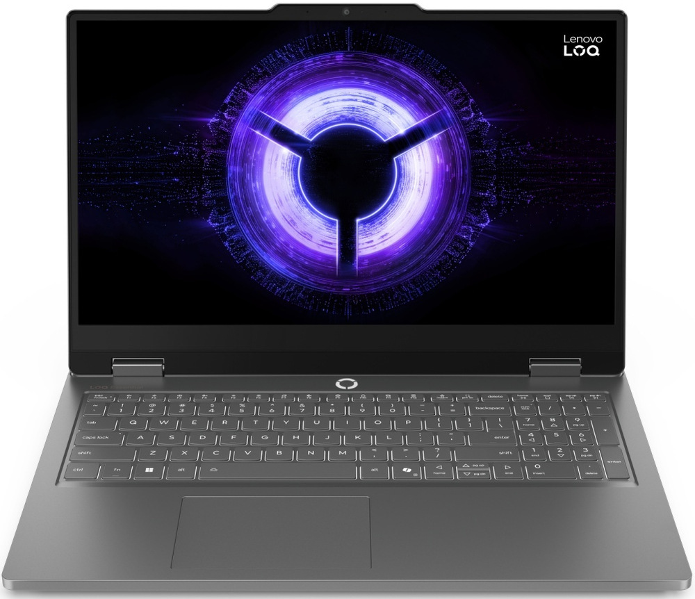 Notebook Lenovo LOQ Essential 15IRX11 šedý Pohled zepředu na notebook LOQ Essential s ostrým a jasným displejem