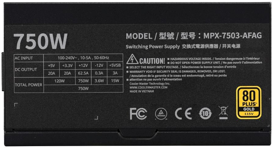 Na obrázku je technický štítek napájecího zdroje Cooler Master 750 W. Je na něm uveden výkon 750 W, model MPX-7503-AFAG, elektrické parametry vstupu a výstupu, bezpečnostní upozornění a základní certifikační značky. Vpravo je výrazné logo 80 PLUS Gold 115V, které označuje vysokou účinnost zdroje.