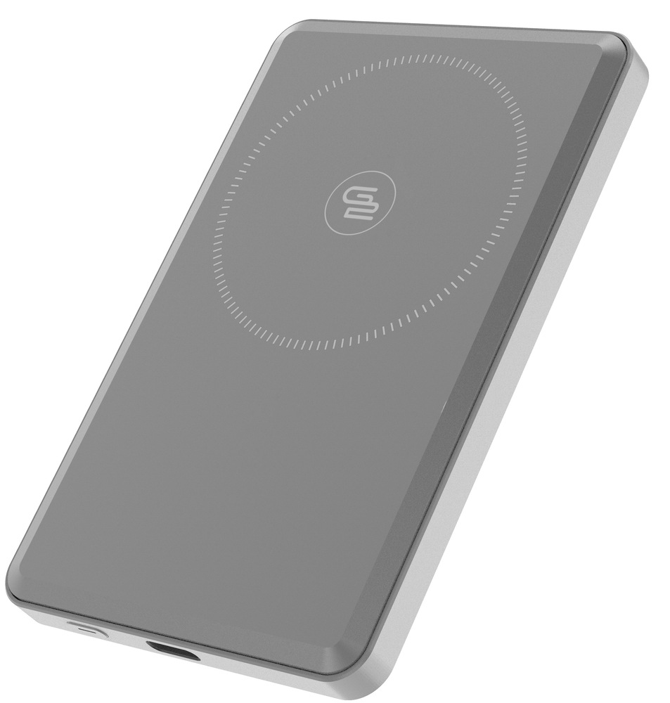 Magnetická powerbanka GoGEN 5000 mAh s bezdrátovým nabíjením typu MagSafe a Qi2 v šedé barvě