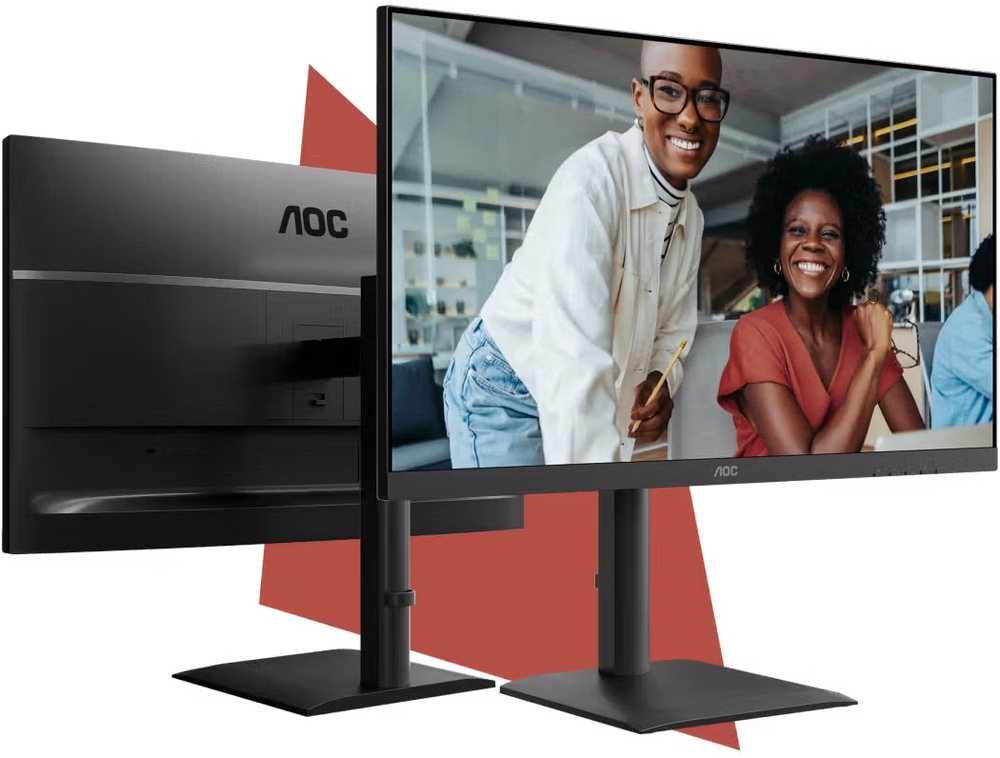 Monitor AOC U27E4CV černý Monitor AOC U27E4CV zepředu i zezadu s ergonomickým stojanem umožňujícím nastavení výšky a náklonu