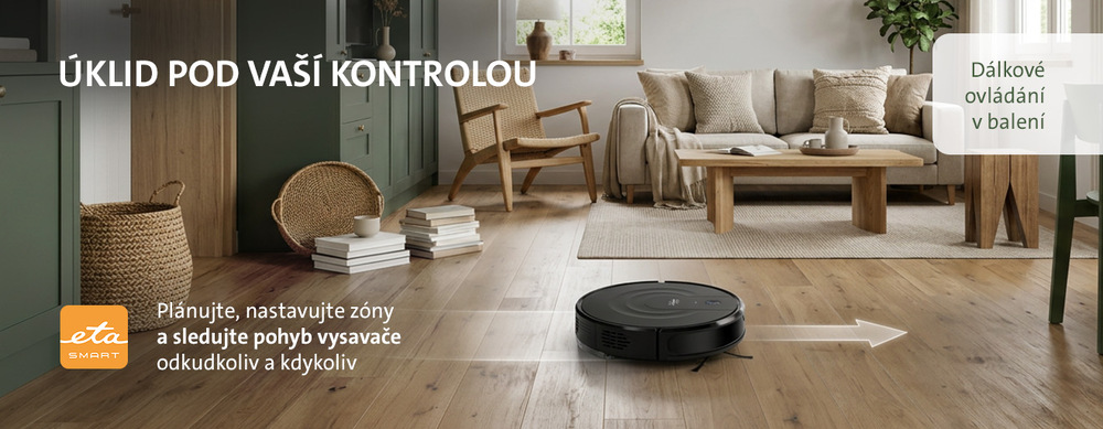 Robotický vysavač ETA Swing Pro 6123 90000 černý Černý robotický vysavač ETA Swing Pro vysávající podlahu v obývacím pokoji. Text na obrázku: ÚKLID POD VAŠÍ KONTROLOU – Plánujte, nastavujte zóny a sledujte pohyb vysavače odkudkoliv a kdykoliv. Dálkové ovládání v balení.