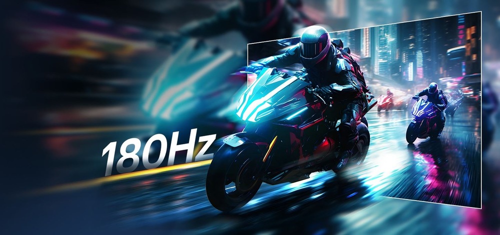 Záběr ze hry s futuristickým pouličním motocyklovým závodem ozářený neonovými světly ve vysoých rychlostech s textem 180 Hkz, poukazující na maximální obnovovací frekvenci.