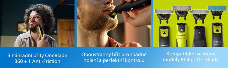 Náhradní hlavice Philips OneBlade QP945/50 stříbrná Koláž náhradních hlavic Philips QP945/50 OneBlade zobrazující použití při holení, oboustranný břit pro přesnou úpravu a kompatibilní nástavce pro různé modely OneBlade.