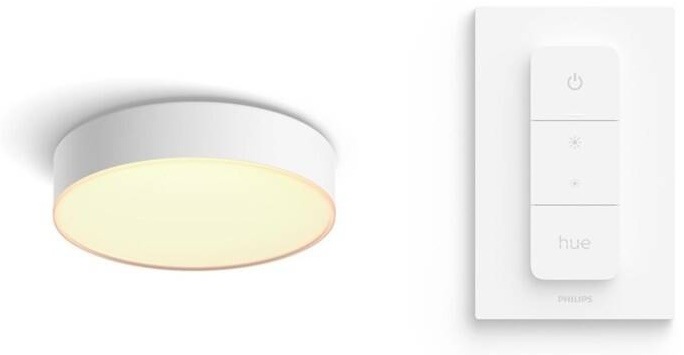 Stropní svítidlo Philips Hue Enrave S v bílé barvě s ovladačem Hue Dimmer Switch V2 na zdi