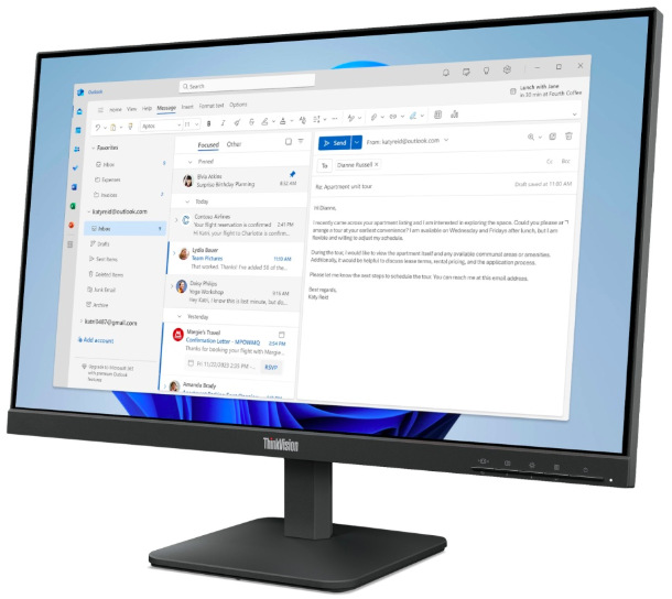 Monitor Lenovo ThinkVision S24-4e se stojanem při pohledu zprava