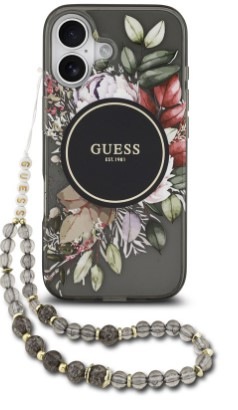 Kryt na mobil Guess IML Flowers Strap MagSafe na Apple iPhone 17 v černé barvě