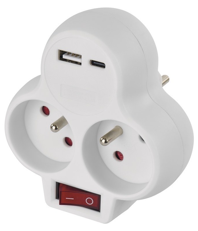 Rozbočovací zásuvka EMOS 2x zásuvka, 1x USB, 1x USB-C, vypínač bílá