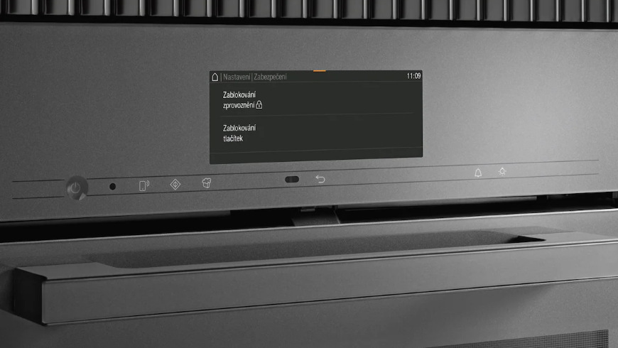 Trouba Miele H 7440 BM béžová Displej kde je vidět funkce zablokování zprovoznění trouby Miele H 7440 BM