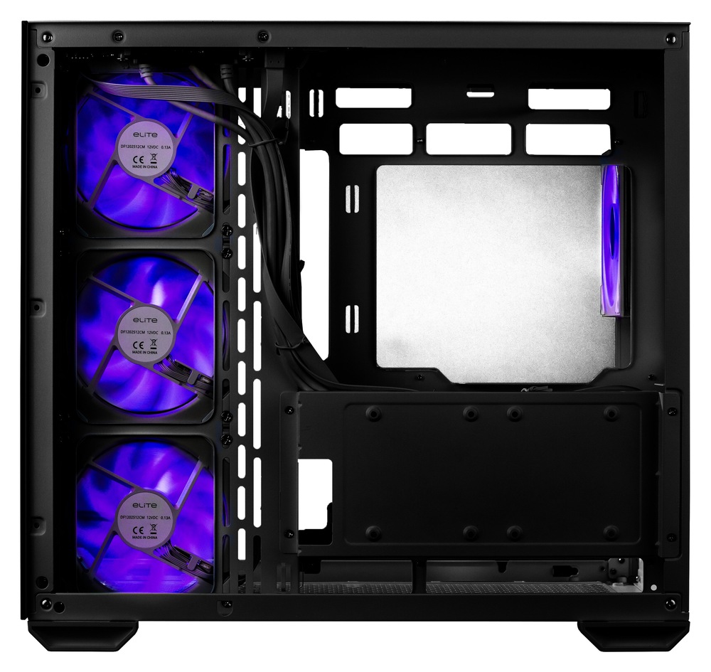 Case Cooler Master Elite 681 černá Na snímku je počítačová skříň Master Elite 681 v černé barvě. Je zde zachycen boční pohled přes skleněnou boční stěnu do nitra prázdné skříně.