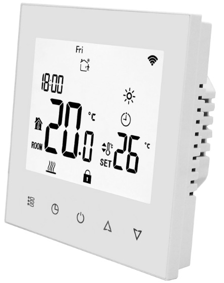 Detail displeje termostatu Elektrobock PT740W-NP WiFi s dotykovým ovládáním