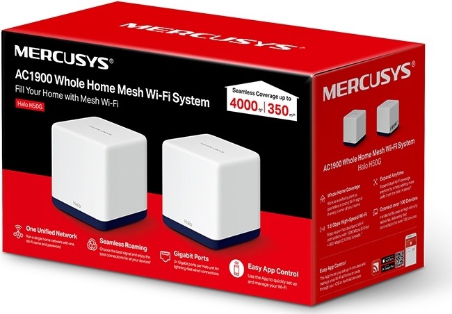 Komplexní Wi-Fi systém Mercusys Halo H50G (2 ks) bílý Na obrázku je prodejní krabice Wi-Fi systému Mercusys Halo H50G. Obal je červeno-černý a na přední straně jsou vyobrazené dvě bílé jednotky Halo s tmavě modrou spodní částí. Text na krabici uvádí, že jde o AC1900 Whole Home Mesh Wi-Fi System pro pokrytí celé domácnosti.