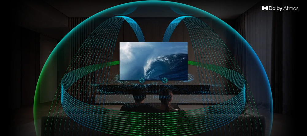 Televize Samsung QE83S92F Televize Samsung v obývacím pokoji, zakreslený prostorový zvuk Dolby Atmos