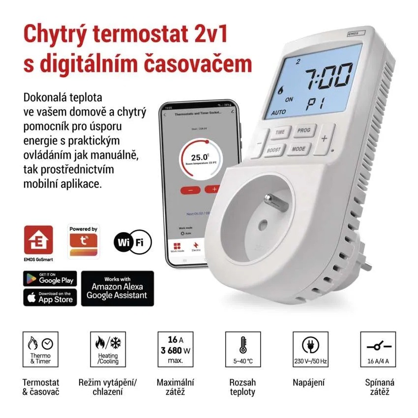 Termostat EMOS GoSmart 2v1 s Wi-Fi bílý Detail funkcí termostatu EMOS