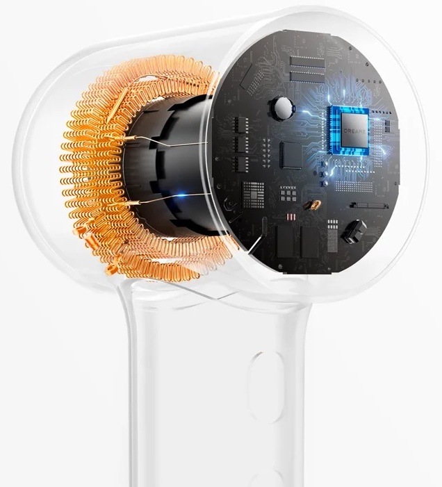 Řez vysoušečem Dreame Hair Mini zobrazující vysokorychlostní motor a vnitřní elektroniku pro efektivní proudění vzduchu