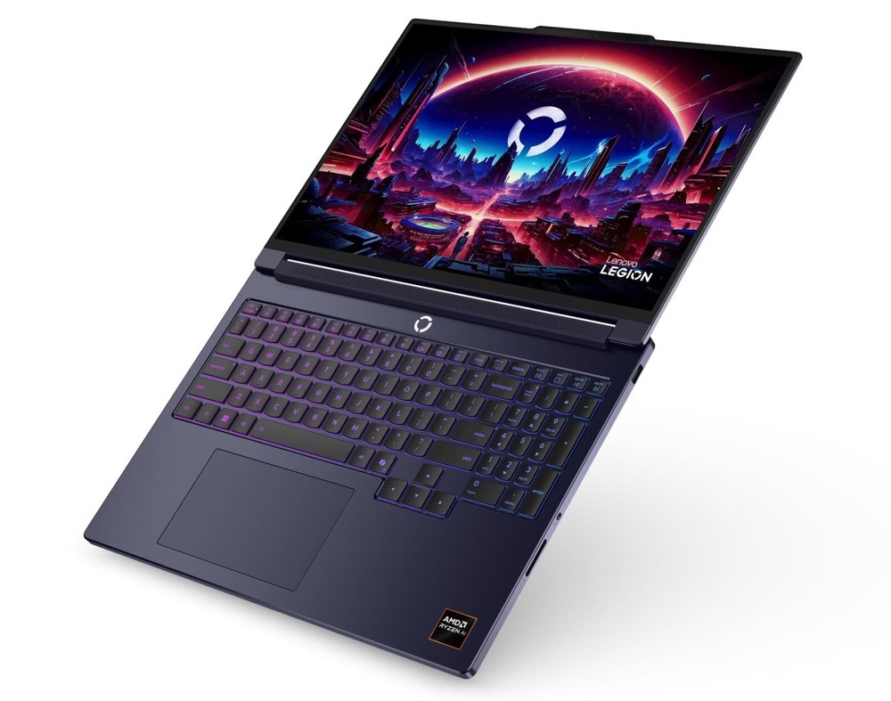Notebook Lenovo Legion 7 16AGP11 černý/fialový Herní notebook Lenovo Legion 7 16AGP11 otevřený na 180°