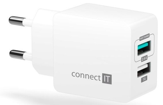 Nabíječka do sítě Connect IT Fast Charge 2x USB, 3,4A s funkcí rychlonabíjení bílá