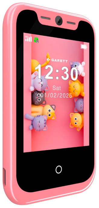 Mobilní telefon Garett Smartphone OneKid růžový Šikmý pohled na displej dětského telefonu Garett OneKid s jednoduchým ovládáním