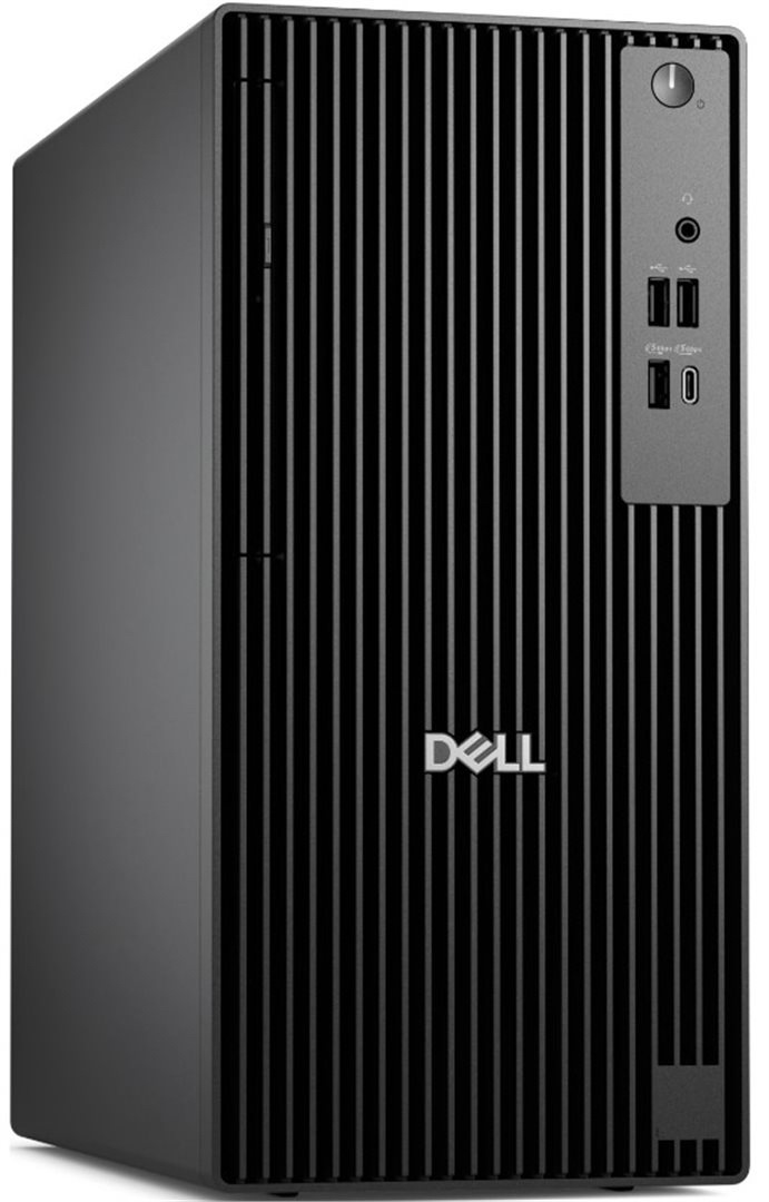 PC mini Dell Pro Tower QCT1255 černý Snímek PC s přední strany. PC je černý, na pravé straně nahoře jsou USB a audio porty a tlačítko pro zapnutí PC.