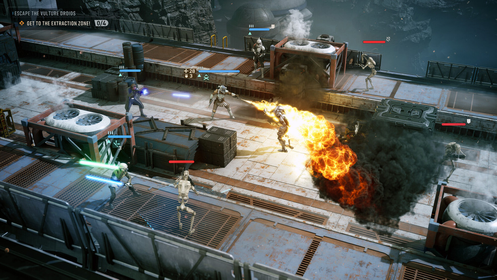 Sci-fi herní bitva na zasněžené průmyslové plošině, kde si obrnění bojovníci vyměňují střelbu, zatímco voják rozpoutává ohnivý výbuch.