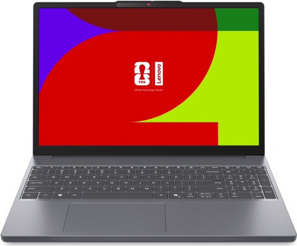 Notebook Lenovo IdeaPad Slim 3 15IPH11 šedý Čelní pohled na notebook Lenovo s výraznou grafikou FIFA na displeji