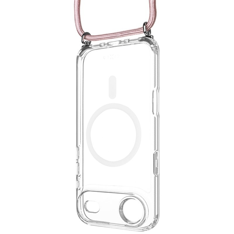 Kryt na mobil FIXED MagPure Neck s růžovou šňůrkou na krk na Apple iPhone Air - průhledný