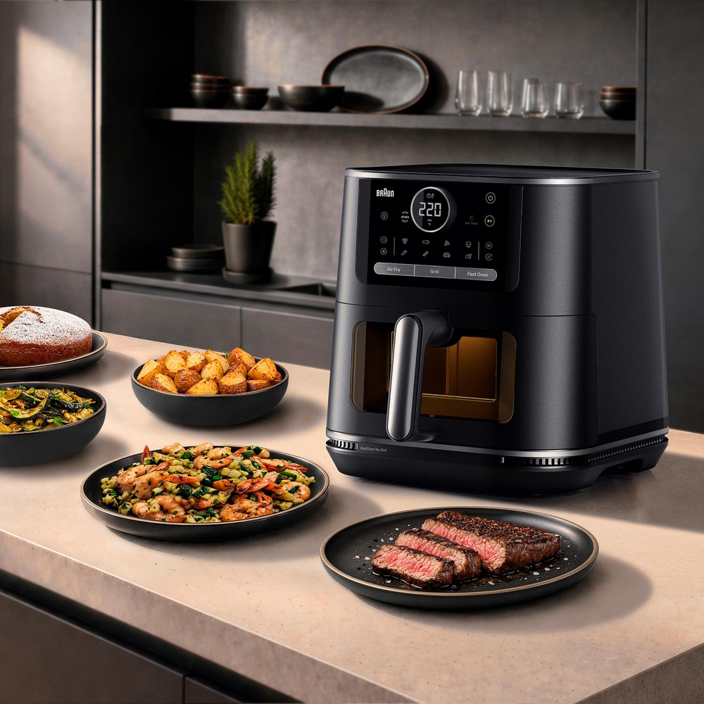 Fritéza horkovzdušná Braun MultiFry 7 HF7076BK černá Fritéza Braun Multifry 7 HF7076BK v kuchyni s hotovými pokrmy na talířích