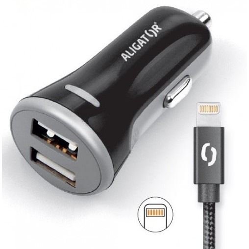 Adaptér do auta Aligator 2xUSB, smart IC, 3,4A + Lightning kabel černý Adaptér do auta Aligator 2xUSB, smart IC, 3,4A + Lightning kabel černý