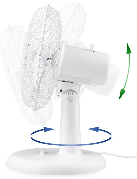 Ventilátor stolní Gallet Blizzard VEN35 bílý Bílý stolní ventilátor Gallet VEN 35 Blizzard s naznačenými pohyby hlavy: zelená šipka ukazuje vertikální nastavení sklonu, modrá šipka ukazuje horizontální oscilaci pro rozvádění vzduchu do stran