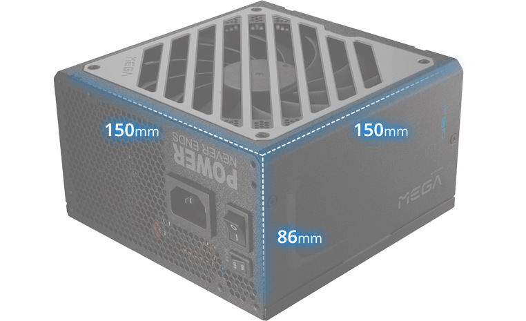 Zdroj FSP MEGA GM 1000W černý Kompaktní rozměry 150×150×86 mm umožňují instalaci i v malých počítačích