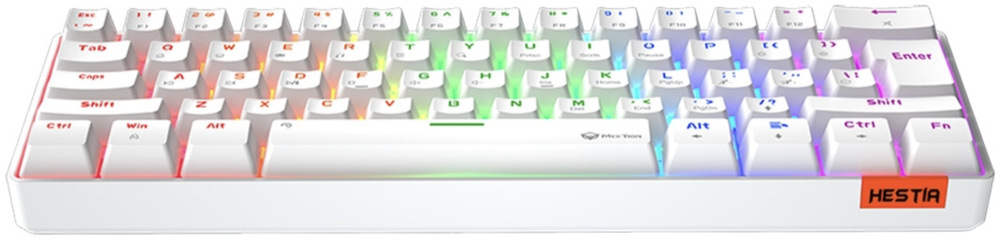 Klávesnice Meetion HESTIA, US layout bílá Čelní pohled na Meetion HESTIA s vysokoprofilovými klávesami a LED podsvícením