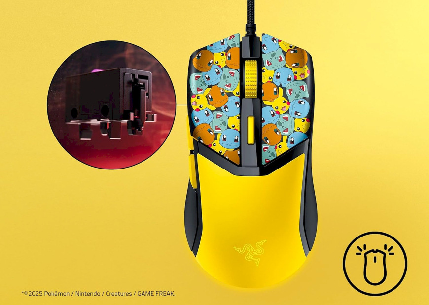 Detail spínače a horního panelu herní myši Razer Cobra Pokémon s motivem Kanto startérů