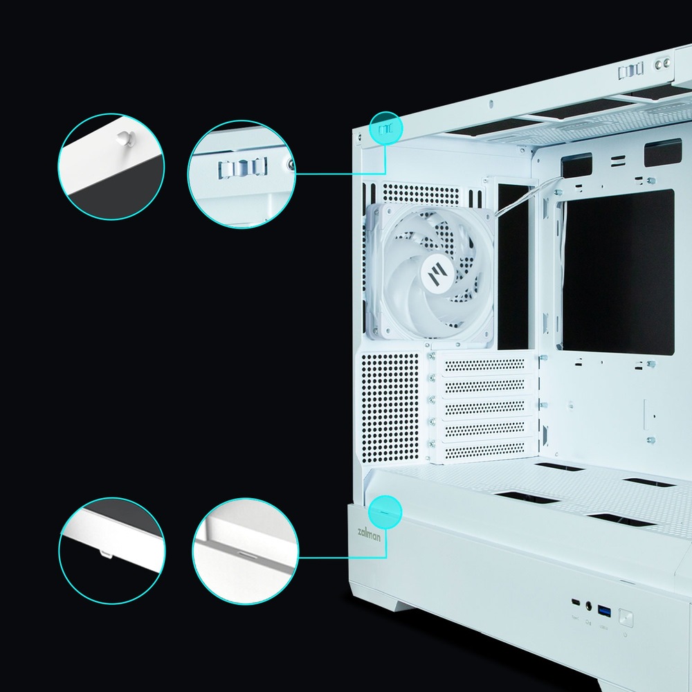 Case Zalman P30 White V2 bílá Detailní záběr bílé počítačové skříně Zalman s bílým chladicím ventilátorem, síťovým panelem a zvýrazněným tlačítkem napájení a detaily značky na strukturovaném pozadí.