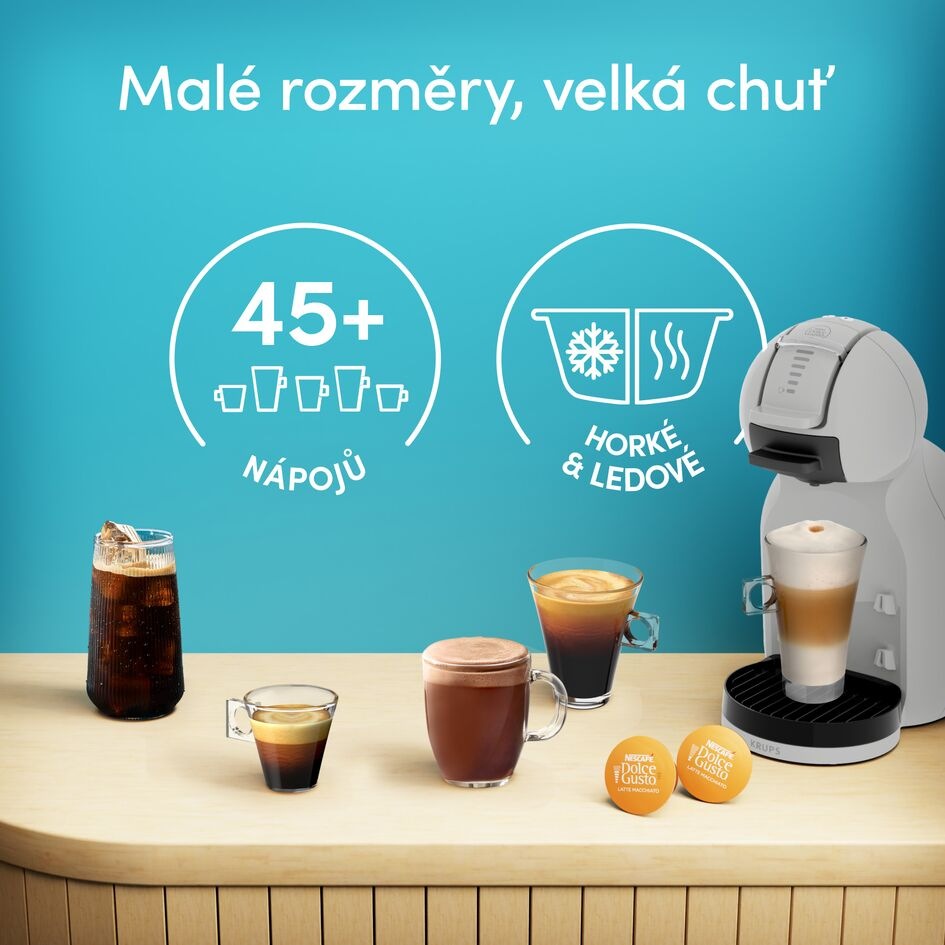 Široká nabídka nápojů od kávovaru Krups KP143GF0 NESCAFÉ Dolce Gusto Mini Me 2 Artic Grey