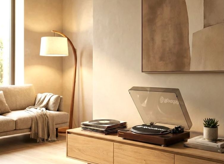 Gramofon  Roadstar TT-260SPK je umístěn na nízké komodě v krásném a útulném obývacím pokoji, kde vynikne jeho elegantní retro design.
