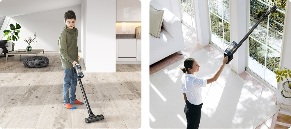 Tyčový vysavač Samsung BESPOKE Jet pet VS20A95823W/GE bílý Koláž dovu obrázků, vlevo chlapec vysává podlahu vysavačem Samsung Bespoke Jet pet VS20A95823W/GE, vpravo žena vysává týmž vysavačem okna