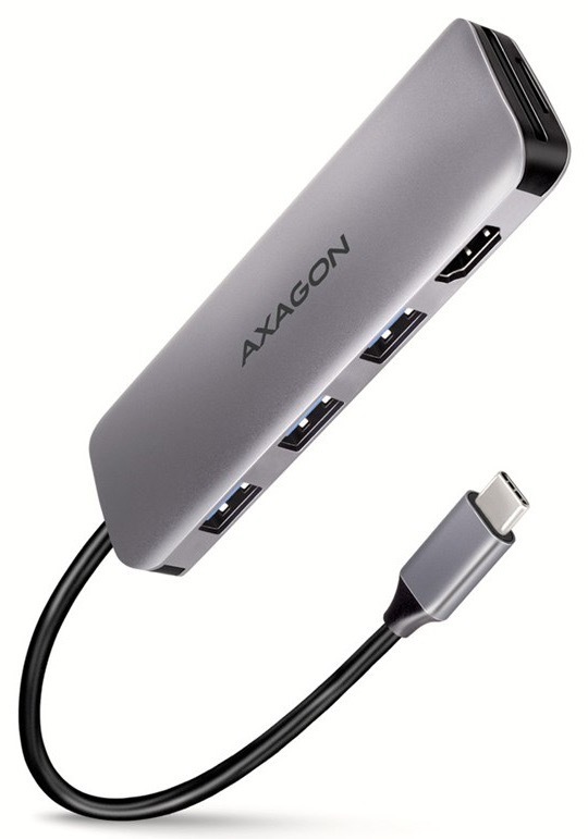 USB Hub Axagon USB 3.2 Gen 1 hub, 3x USB-A, HDMI 4k/30Hz, SD/microSD, kabel USB-C 20cm šedý