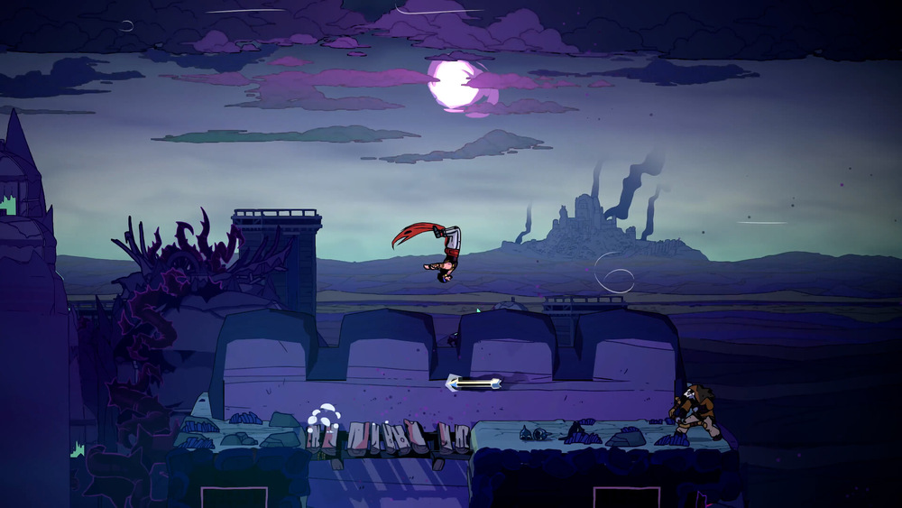 Scéna ze hry The Rogue Prince of Persia. Hlavní postava Princ s rudým pláštěm skáče přes střechu pevnosti. Scéna je zlověstná, s viditelnou vzdálenou horou.