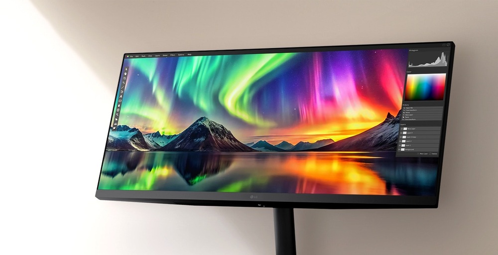 Širokoúhlý monitor zobrazující zářivou digitální grafiku s plynulými, vícebarevnými vlnami. Editační software a nástroje pro práci s barvami jsou viditelné na elegantní obrazovce.