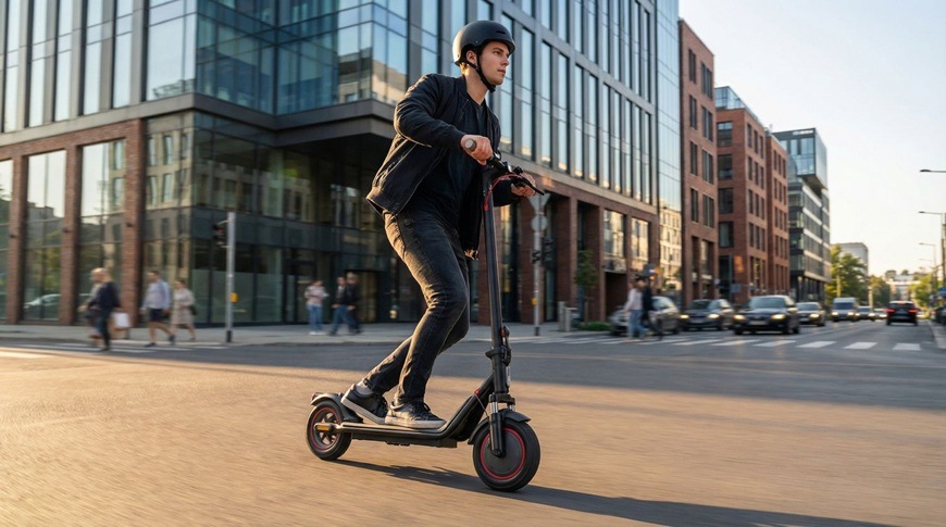 Muž jede na elektrické koloběžce Sencor SCOOTER S31 po městské ulici mezi moderními budovami a projíždí rušnou křižovatkou. Má nasazenou helmu a soustředěně sleduje provoz kolem sebe. Dynamická scéna zachycuje pohodlný a rychlý pohyb po městě v každodenním provozu.