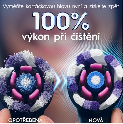 Náhradní hlavice Oral-B iO Radiant Black (6 ks) černá Detailní pohled na opotřebenou hlavici a novou hlavici. Pro skvělé výsledky je nutná pravidelná výměna kartáčkové hlavice.