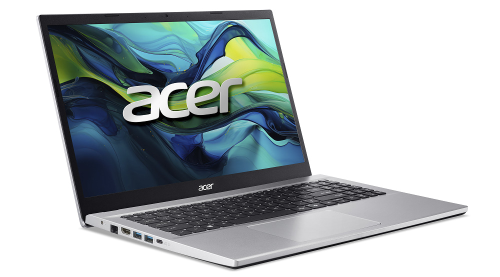 Otevřený a zapnutý notebook Acer Aspire Go 15 (AG15-42P-R7KD) otočený doprava