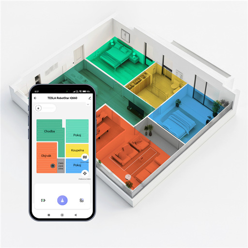 3D model bytu s barevně vyznačenými místnosti, nad modelem je mobilní telefon zobrazující plán stejného bytu v aplikaci s plánováním vysávání