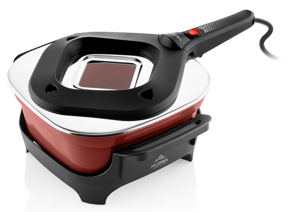 Pečenka ETA Ceramic Nature v červené barvě v podstavci a se zavřeným víkem