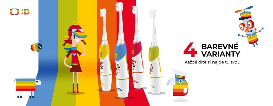 Dětské sonické zubní kartáčky ETA Sonetic TV Déčko v duhových barvách. Zobrazeny jsou čtyři varianty kartáčků (žlutá, modrá, červená a zeleno-žlutá) s veselými dětskými postavičkami a textem „4 BAREVNÉ VARIANTY. Každé dítě si najde tu svou“